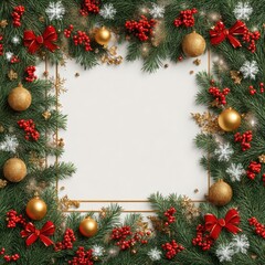 Christmas background with fir branches red berries golden balls bows and snowflakes on white surface