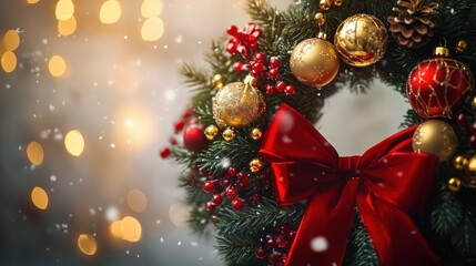 Christmas wreath with red bow and golden ornaments hanging on pine branches with festive lights