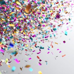 Colorful metallic confetti flying in the air on white background symbolizing joy celebration and success