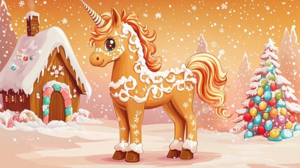 Cute gingerbread unicorn with icing decorations standing near candy house and Christmas tree in snow