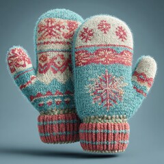 Knitted winter mittens in turquoise and red with snowflake pattern symbolizing warmth and holiday season