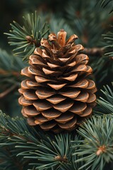 Close up of brown pine cone on green fir branches showing natural texture and warm winter atmosphere