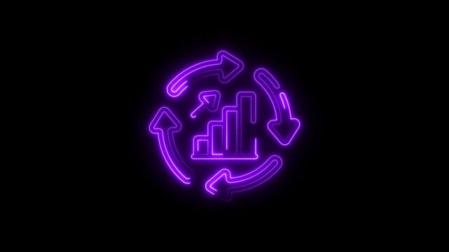 Neon purple cycle arrows surrounding bar graph increasing and decreasing data analytics concept