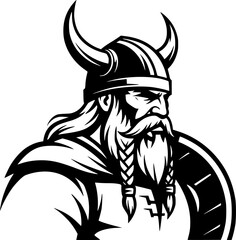 a viking with a horned helmet, simple black and white vector graphic, minimalist design