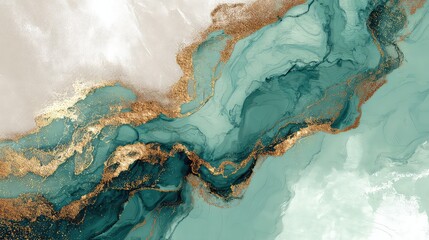 Elegant Abstract Art with Flowing Teal and Gold Swirls on Light Background for Modern Interior Design
