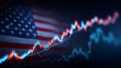 Dynamic american flag overlaid with a vibrant upward trending financial stock market graph showing economic growth and investment opportunities