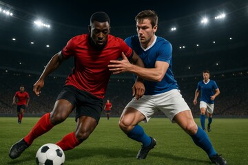 Intense soccer match between players in red and blue uniforms competing for ball possession on stadium field under bright lights at night. Ai generative. Ai generative