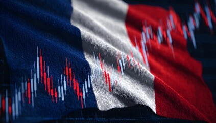 Abstract representation of the french national flag waving over a fluctuating stock market trading chart indicating economic trends and financial data analysis