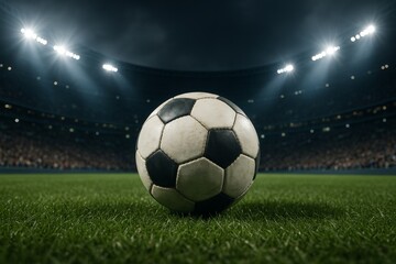Fototapeta premium Classic black and white soccer ball on green grass field under stadium lights with crowd in background during night match concept. Ai generative. Ai generative