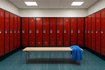 Empty sports locker room with red lockers and bench featuring a blue towel on tiled floor, illustrating fitness or team preparation concept. Ai generative
