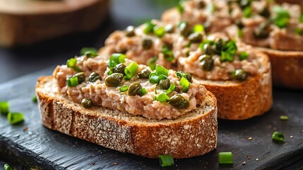 Rye bread sandwiches with cod liver capers and green onions