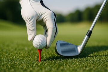 Close-up of golfer placing ball on red tee with gloved hand next to iron club on vibrant green grass during sunny day on golf course. Ai generative. Ai generative