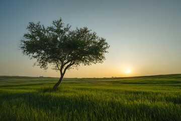 Fototapeta premium Serene Landscape with Green Tree and Sunset