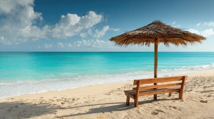 Fototapeta premium Tranquil Beach Scene with Wooden Bench and Umbrella Under Bright Blue Sky and Gentle Wave Patterns