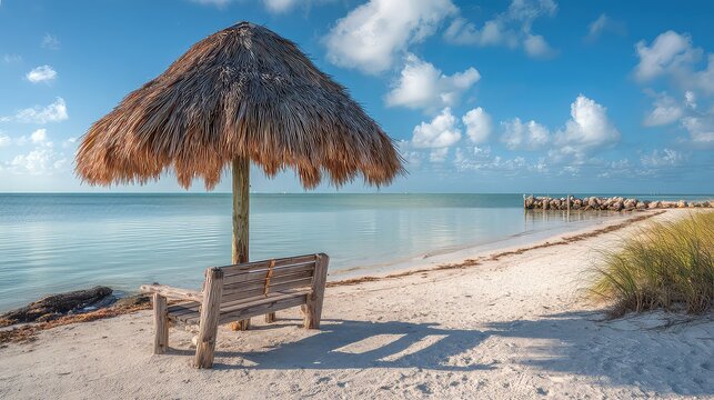 Tranquil beach scene with thatched umbrella and wooden bench under a bright blue sky by calm water