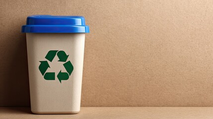 Eco-Friendly Coffee Cup with Blue Lid and Recycle Symbol on Brown Background