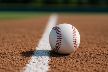 Close-up of baseball lying on field baseline during sunny day, symbolizing focus and precision in sport atmosphere. Ai generative. Ai generative