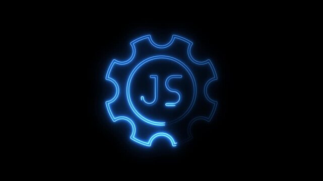 Neon blue gear with J S initials glowing on black background technology concept digital animation