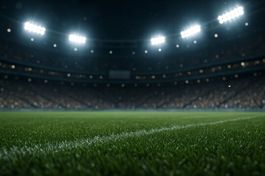 Close-up of grass field inside a brightly lit stadium at night with blurred crowd in background, symbolizing sport energy and competition concept. Ai generative