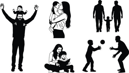 Silhouette of family activities, including parents playing with children, reading, and spending quality time together
