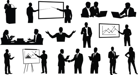 Silhouettes of business people in various poses, including presenting, meeting, and working laptops