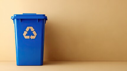 Blue Recycling Bin with Recycle Symbol on Plain Background for Waste Management and Environmental Awareness