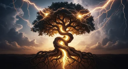 Stickers Meisjeskamer Magical tree with glowing roots and branches struck by lightning  © ABDULLA