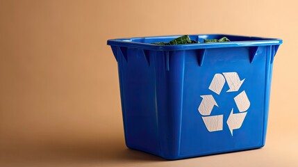 Blue Recycling Bin with Recycle Symbol and Fresh Green Leaves on a Soft Brown Background for Environmental Awareness and Sustainability Themes