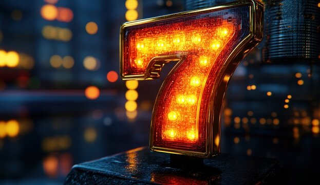 Illuminated number 7 with glowing neon lights in a vibrant urban scene