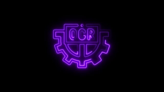 Glowing purple neon O C R gear icon animation digital technology concept abstract background