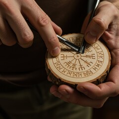 Fototapeta premium Pagan winter festival symbol carving on wooden disk - traditional craftsmanship for holiday decor