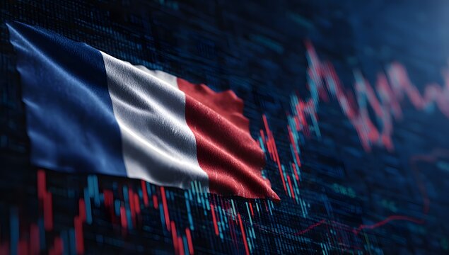 The tricolore flag of france waving against a blurred background of stock market trading charts and financial data visualizations