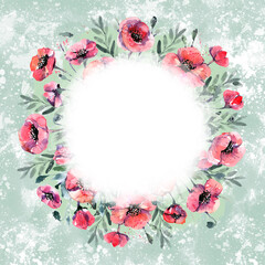 A wreath of scarlet poppies, a watercolor hand drawing on a green background. Red poppies in the form of a circular composition, a text frame. Floral print in the form of a circle, poppy bouquet, red