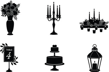 Obraz premium Wedding icons including flower, candelabra, table number, cake, and lantern for event decoration