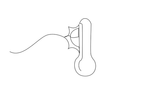 Animated self drawing of single one line drawing thermometer with red pointer and half sun. Very high temperature warning. Global warming. Extreme. National Heat Awareness Day. Full length animation