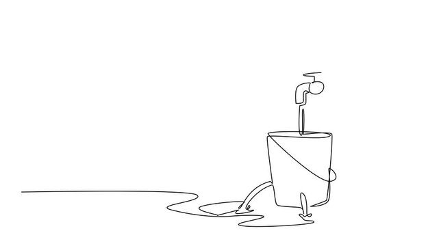 Animation of single continuous line drawing water leaks out of a bucket with holes filled with taps and puddles. Neglect becomes waste. Broken. National Hole In My Bucket Day. Full length motion