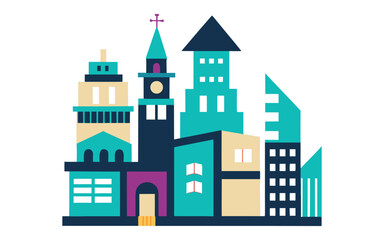 Naklejka premium Stylized modern city skyline with colorful geometric buildings and towers