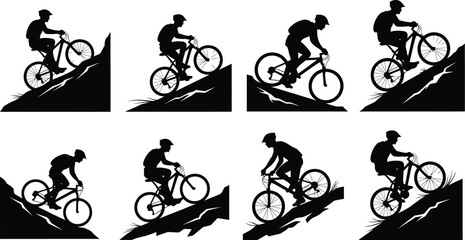 Set of mountain biker silhouettes riding uphill and downhill, perfect for extreme sports and outdoor adventure themes