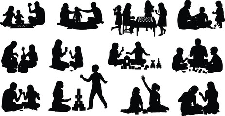 Collection of family silhouettes playing and spending time together, ideal for illustrating family values and togetherness