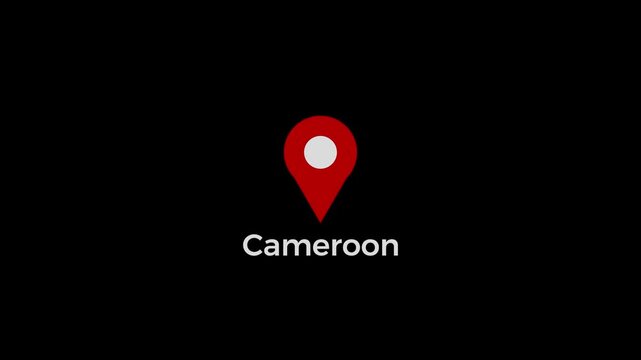 Cameroon map location pin animation. Cameroon text down location pin pointer icon black background, 4K video.