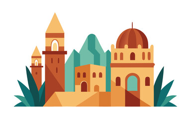 Stylized illustration of an ancient middle eastern city with minarets and domes against a mountain backdrop