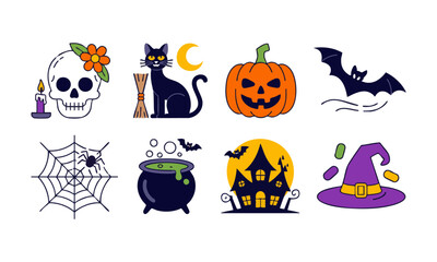 Haunted House & Witchy Icons — Modern Flat Vector illustration, Halloween graphic elements easily editable.