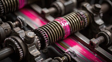 Close-Up of Industrial Printing Press Roller with Vivid Pink Ink and Metallic Gear Mechanisms