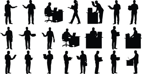 Silhouette of various business people in different poses, showcasing professional activities and office scenarios