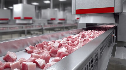 Fresh Raw Meat Chunks on Conveyor Belt in Modern Food Processing Facility