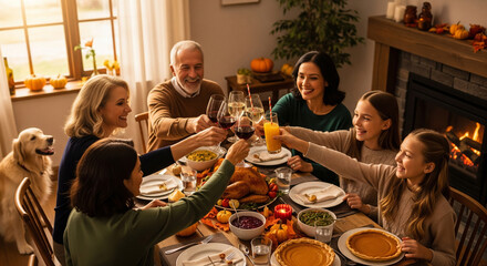 Happy family enjoying a festive Thanksgiving dinner together, raising glasses for a toast around a loaded table