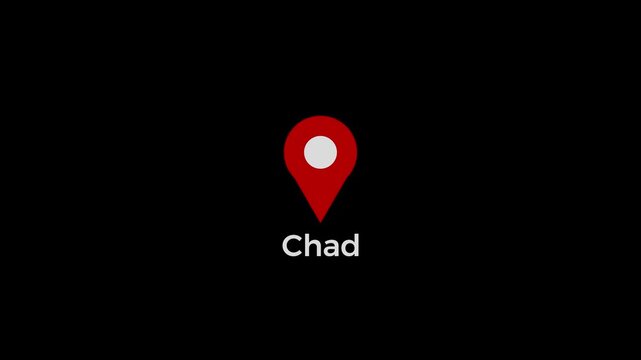 Chad map location pin animation. Chad text down location pin pointer icon black background, 4K video.