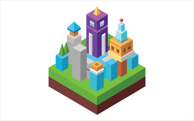 Colorful isometric cartoon cityscape with diverse abstract buildings on a green grassy island