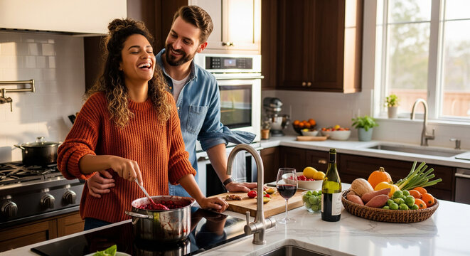 Joyful diverse couple laughing and cooking a healthy dinner together in their modern sunlit kitchen at home - Powered by Adobe