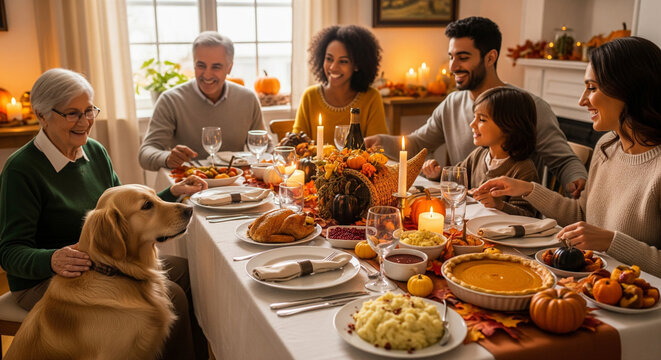 Joyful multi-generational family with a dog celebrating a festive Thanksgiving dinner at home